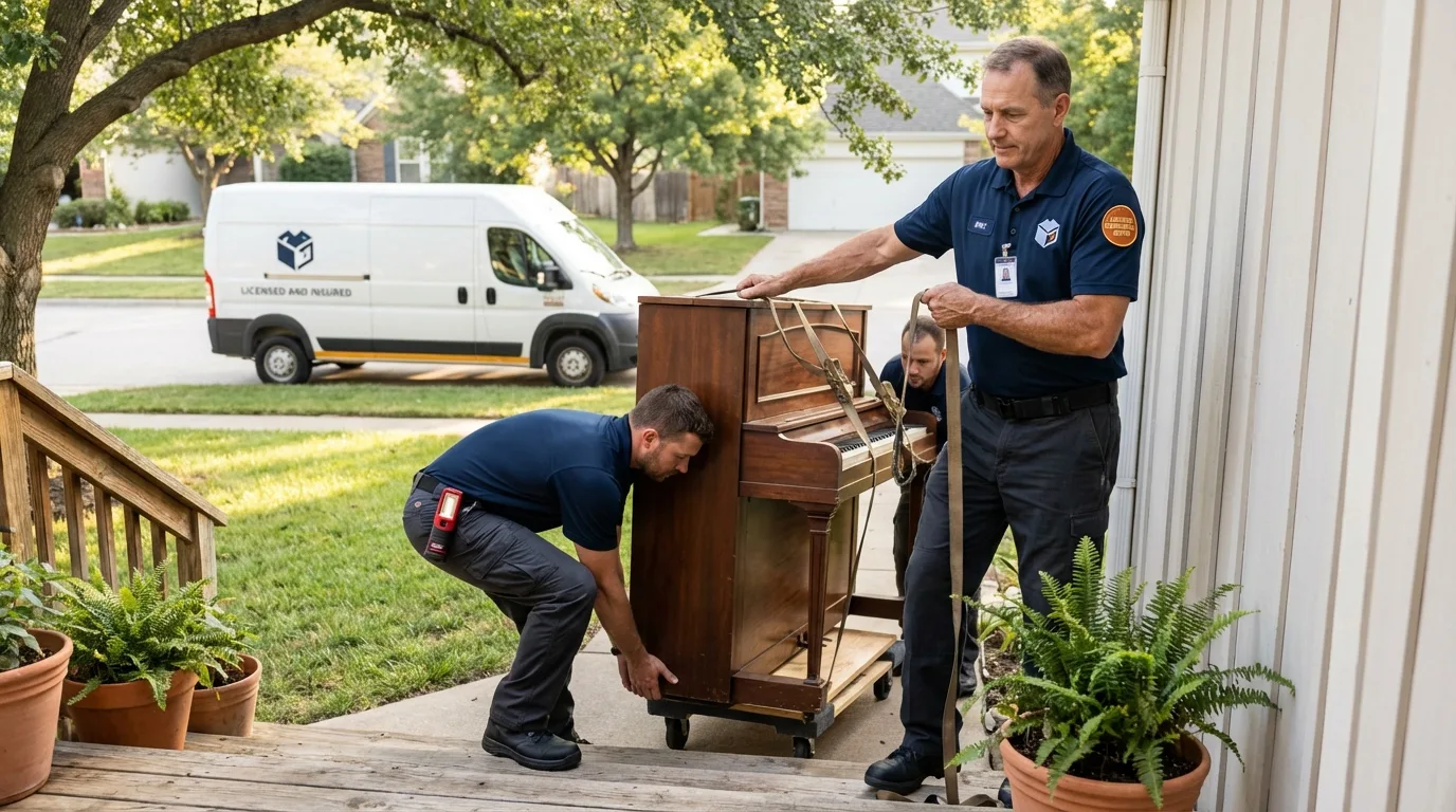 Licensed piano movers securing grand piano in Hidalgo, TX