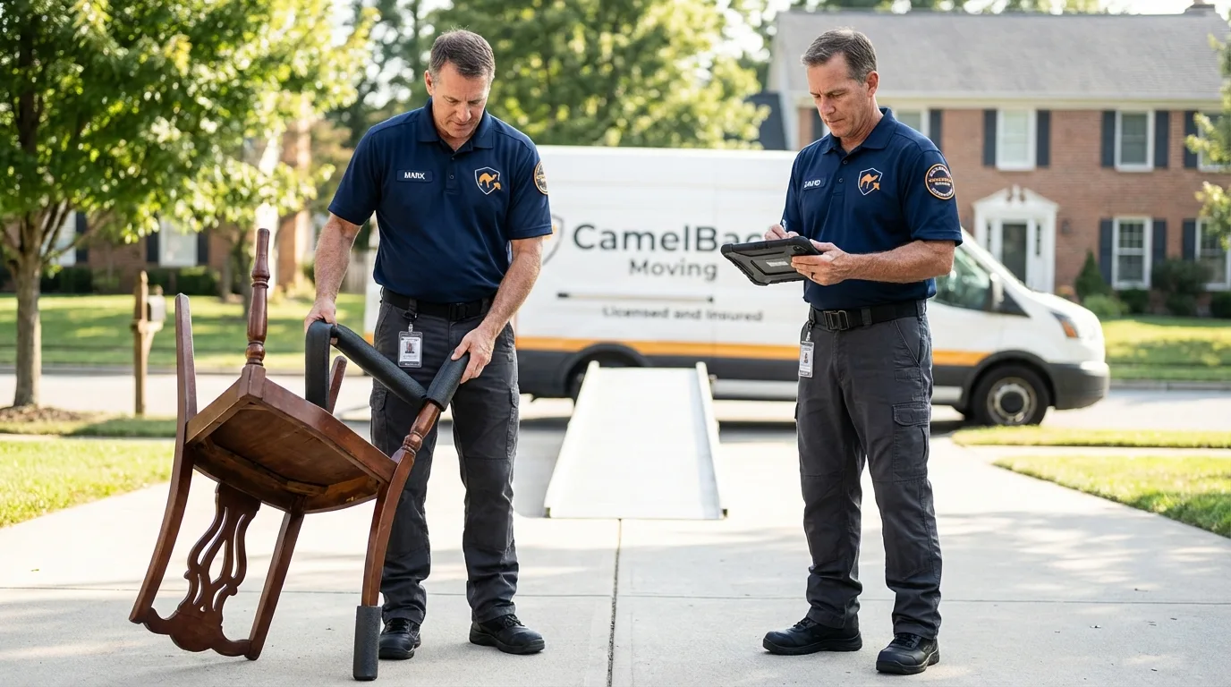 Movers inspecting furniture for damage prevention before loading in Hidalgo, TX